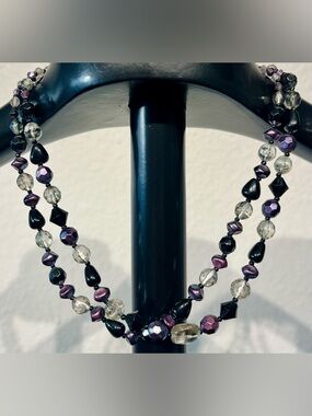 Vintage Double Strand Purple and Black Beaded Necklace